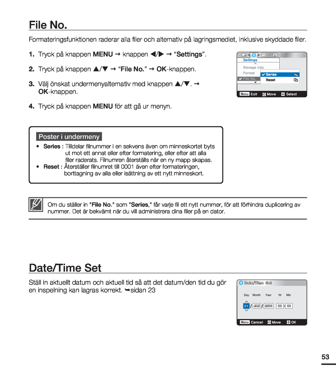 Samsung HMX-U20BP/EDC manual File No, Date/Time Set, Poster i undermeny, 3FTFU 