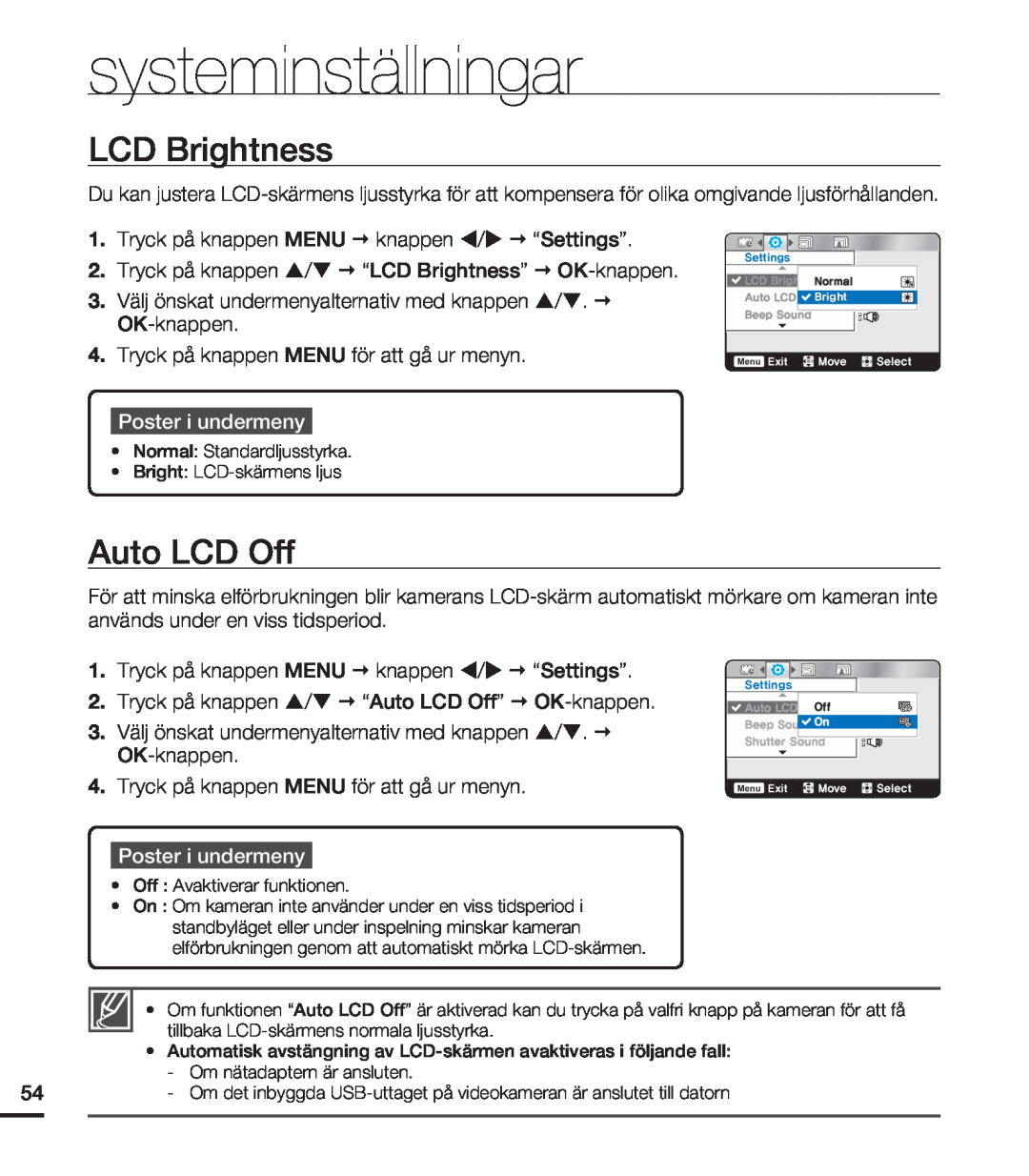 Samsung HMX-U20BP/EDC manual LCD Brightness, Auto LCD Off, systeminställningar, Poster i undermeny 