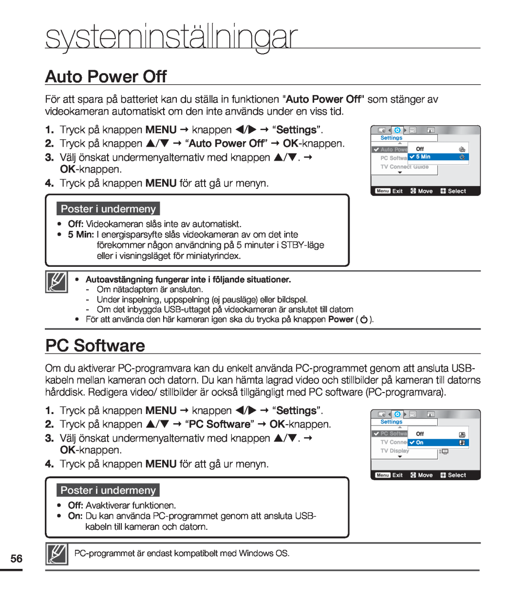Samsung HMX-U20BP/EDC manual Auto Power Off, PC Software, systeminställningar, Poster i undermeny, .Jo 