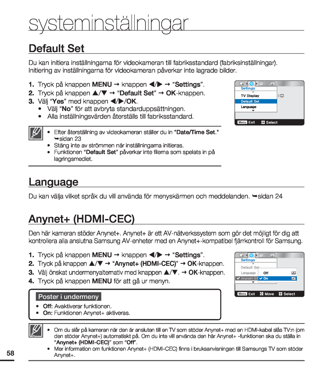 Samsung HMX-U20BP/EDC manual Default Set, Language, Anynet+ HDMI-CEC, systeminställningar, Poster i undermeny 