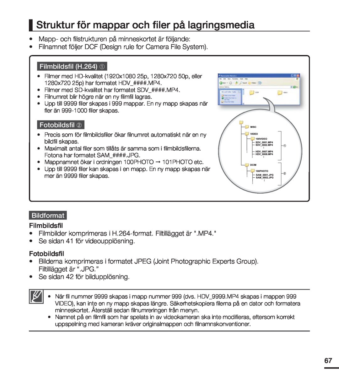 Samsung HMX-U20BP/EDC manual Struktur för mappar och ﬁler på lagringsmedia, Filmbildsﬁl H.264 ➀, Fotobildsﬁl ➁, Bildformat 