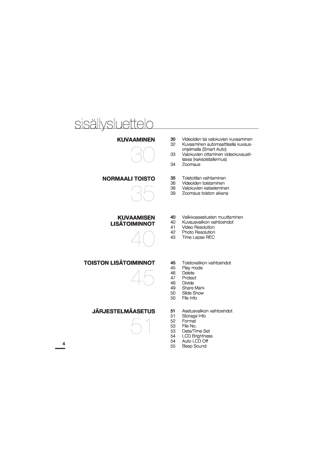 Samsung HMX-U20BP/EDC manual Kuvaaminen, Normaali Toisto, Kuvaamisen, Toiston Lisätoiminnot, Järjestelmäasetus 