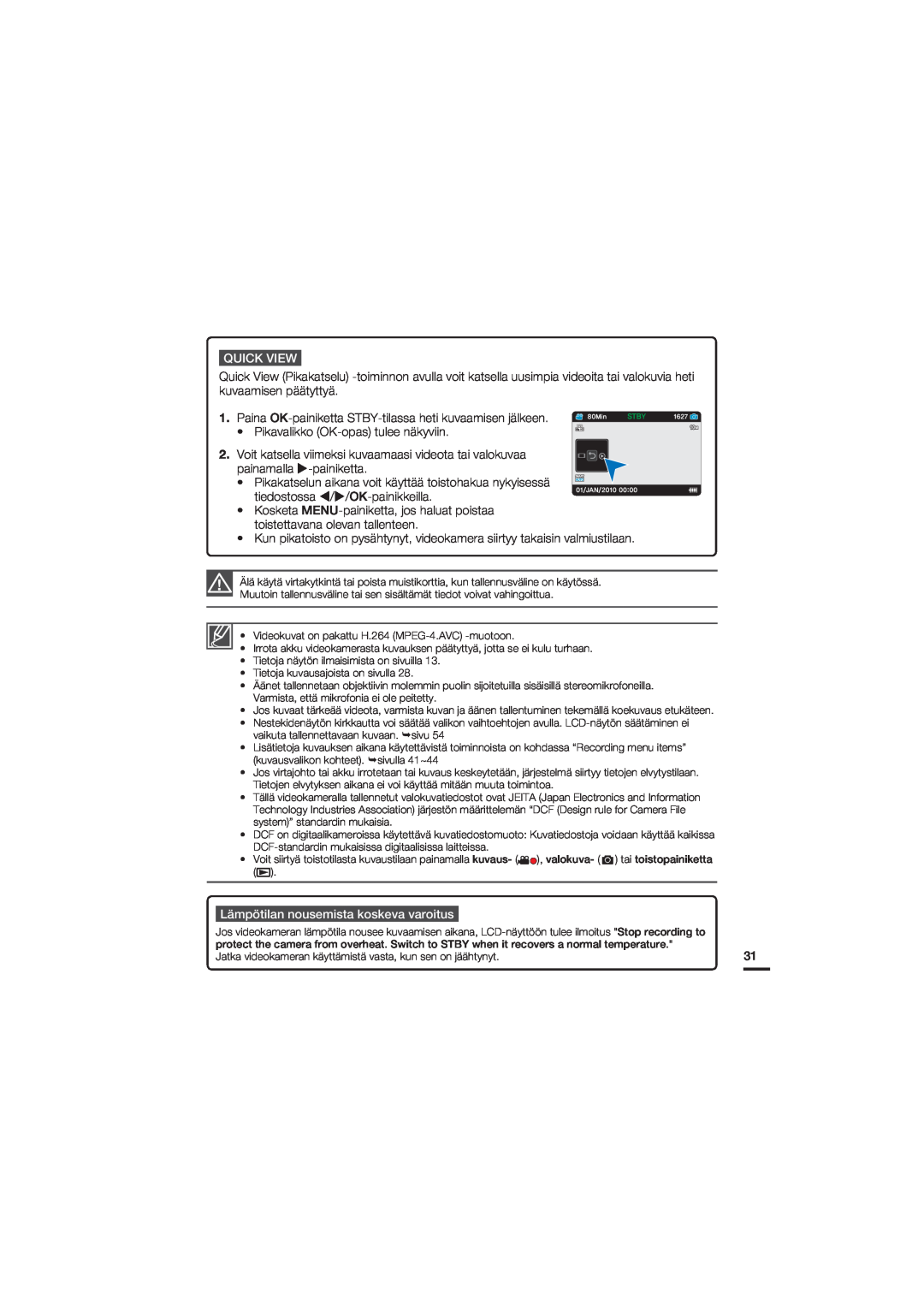 Samsung HMX-U20BP/EDC manual Quick View, Lämpötilan nousemista koskeva varoitus 