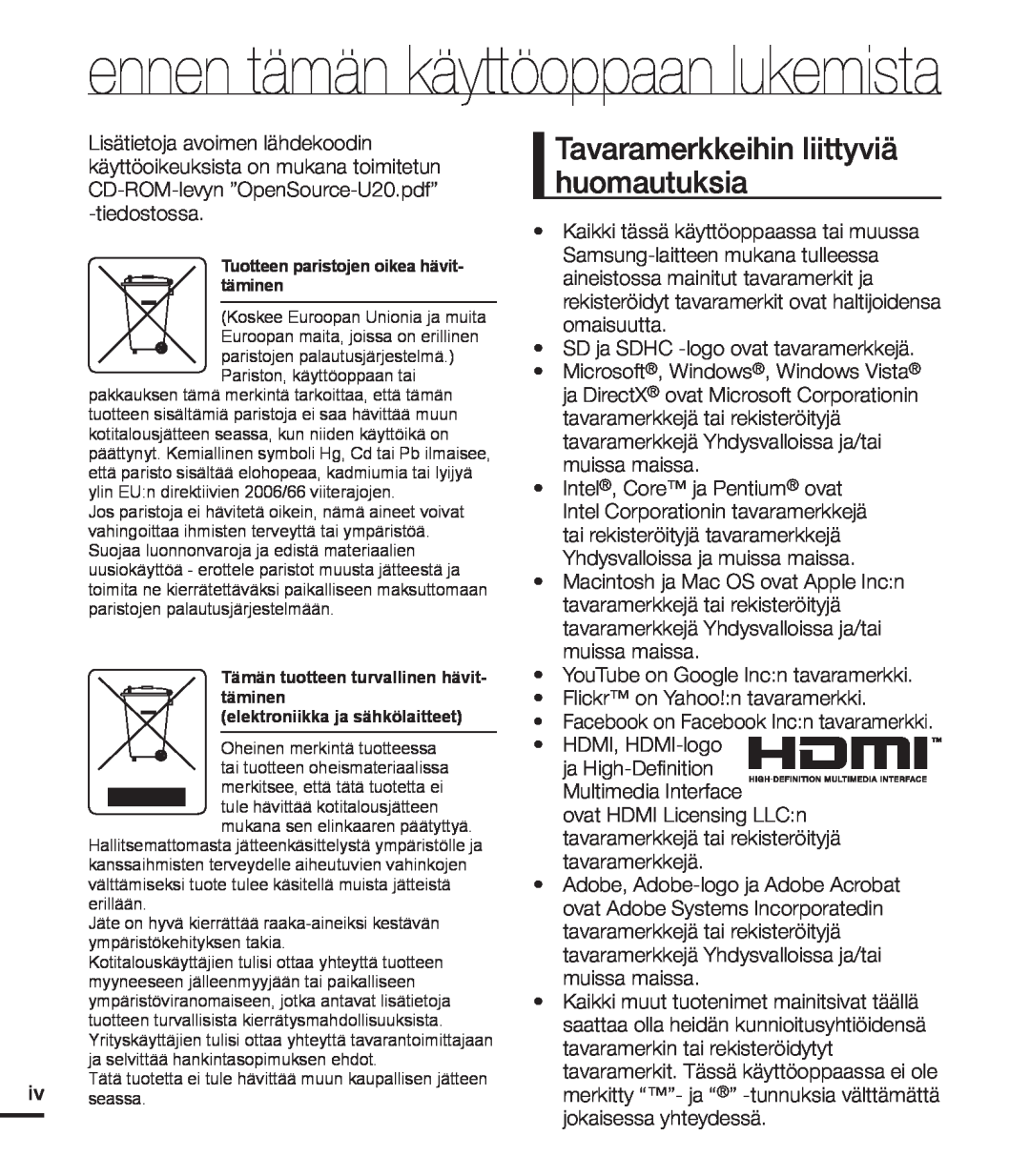 Samsung HMX-U20BP/EDC manual ennen tämän käyttöoppaan lukemista, Tavaramerkkeihin liittyviä huomautuksia 
