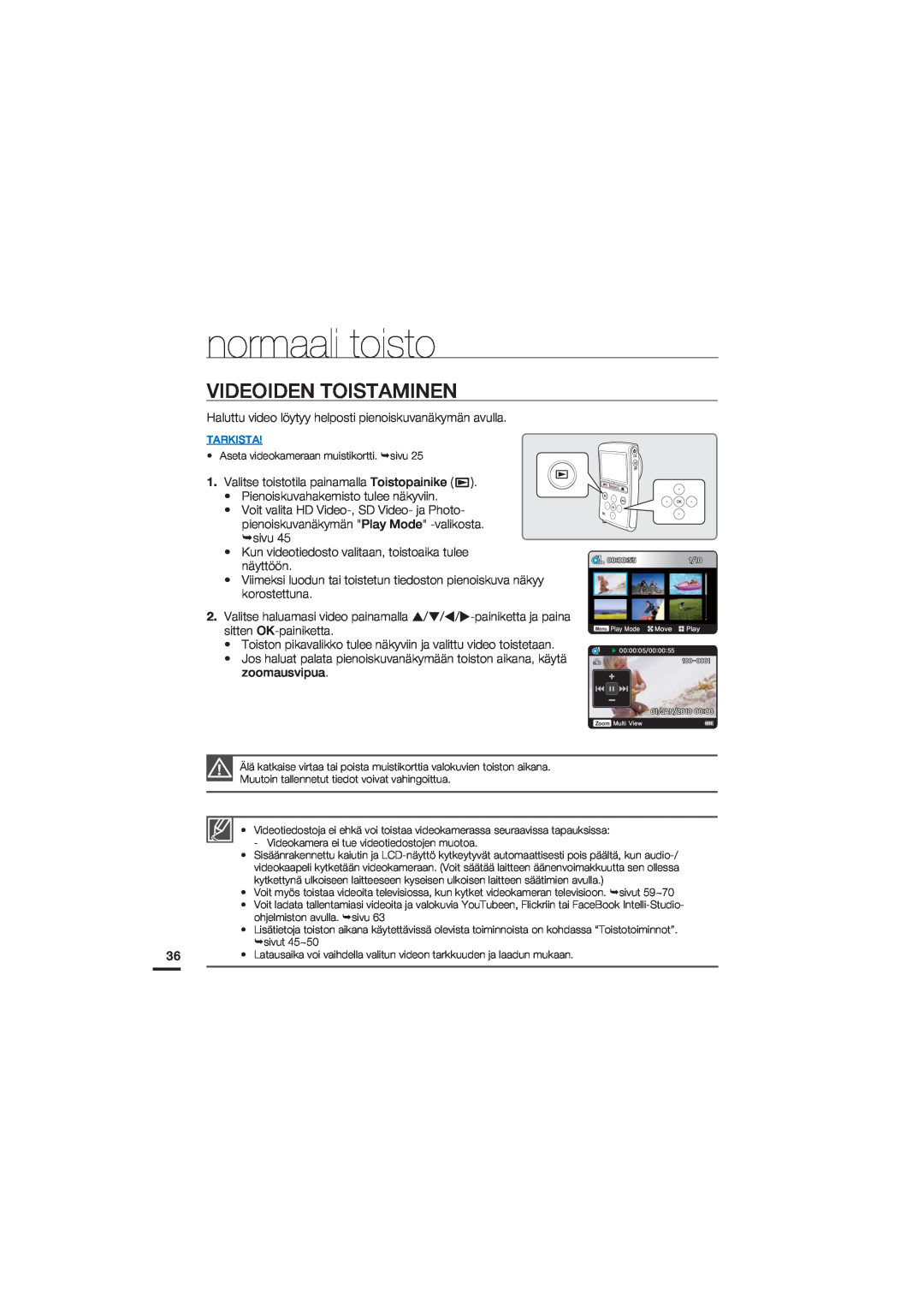 Samsung HMX-U20BP/EDC manual Videoiden Toistaminen, normaali toisto, +/ Zoom .VMUJ7JFX 