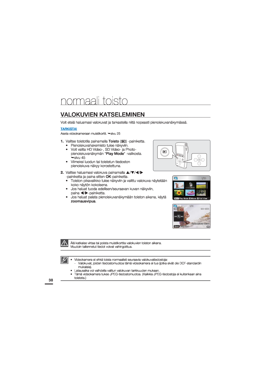 Samsung HMX-U20BP/EDC manual Valokuvien Katseleminen, normaali toisto,  Menu 1MBZ.PEF .PWF VMM7JFX 
