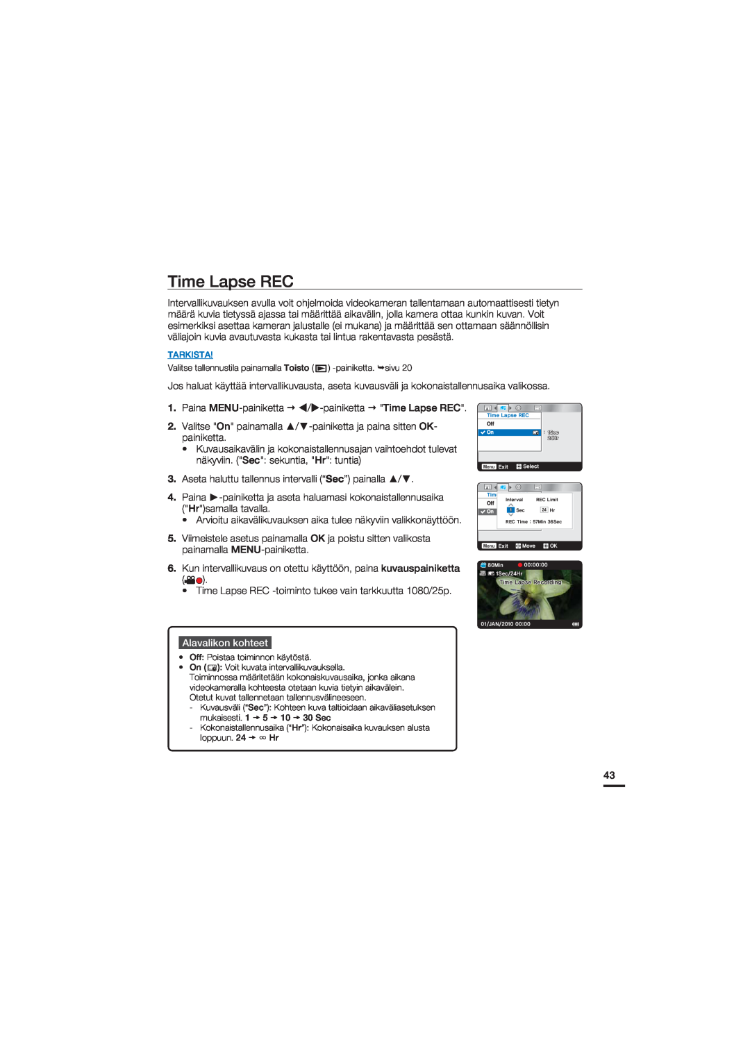 Samsung HMX-U20BP/EDC manual Time Lapse REC, Alavalikon kohteet 