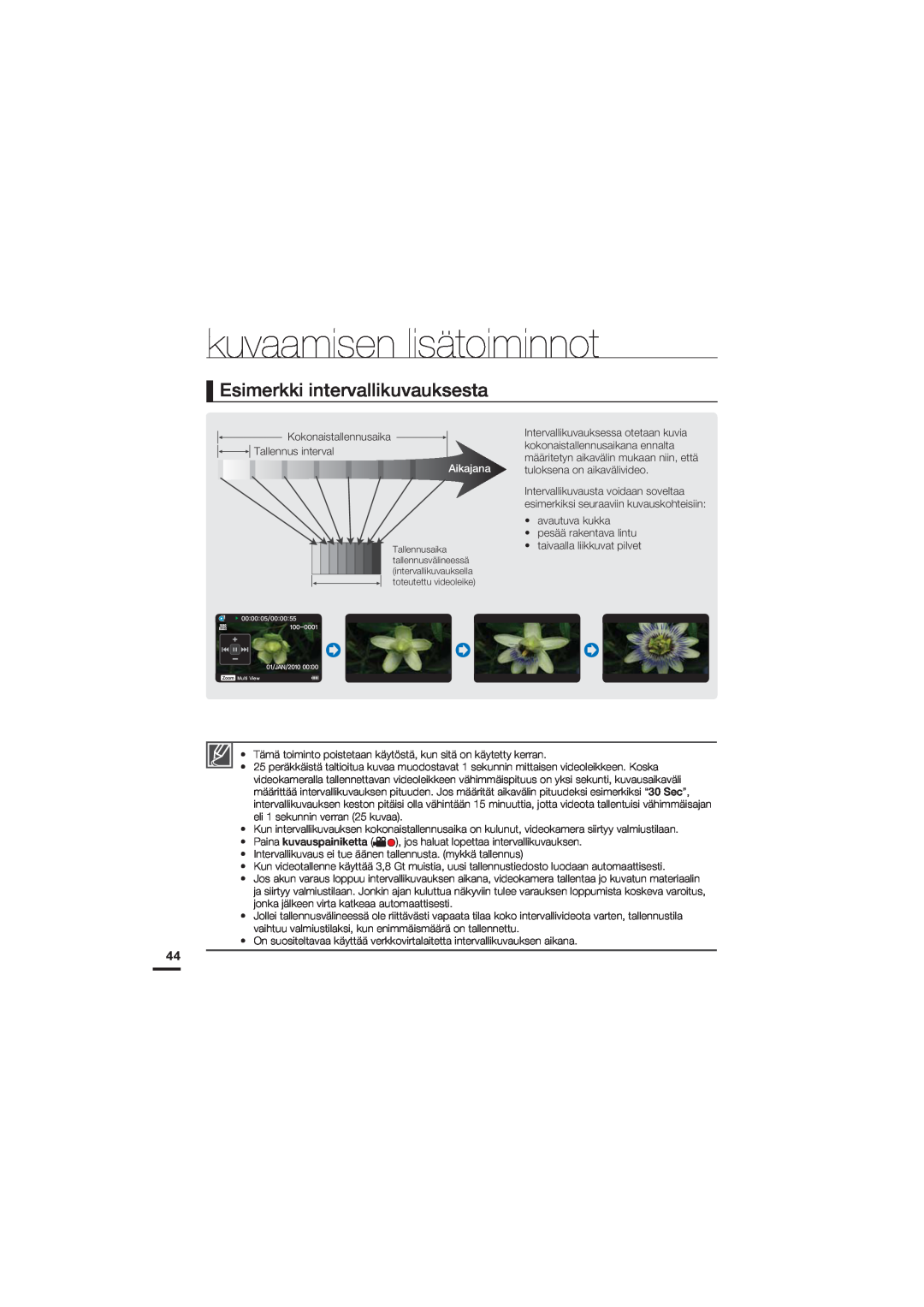 Samsung HMX-U20BP/EDC manual Esimerkki intervallikuvauksesta, kuvaamisen lisätoiminnot, Aikajana 