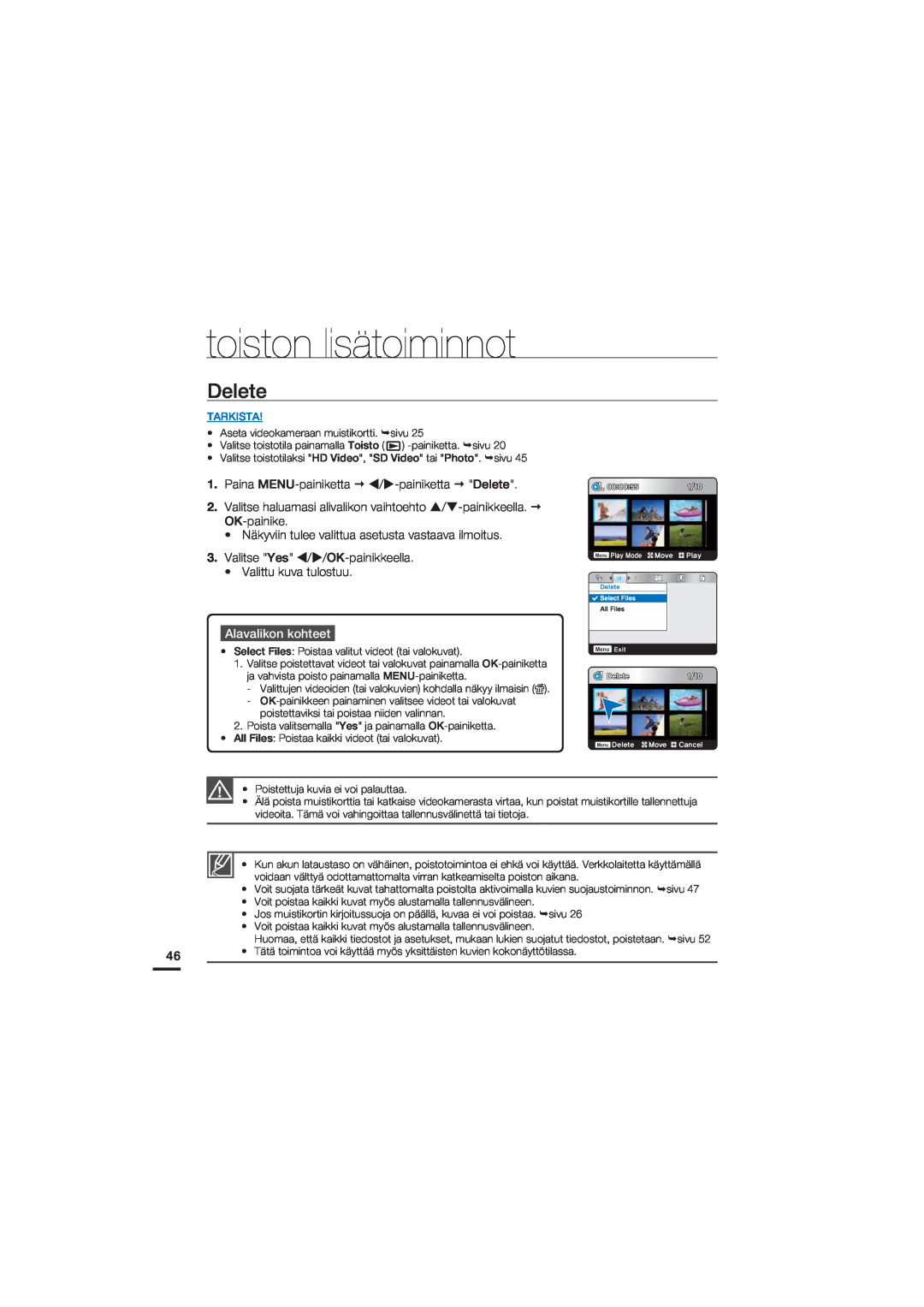 Samsung HMX-U20BP/EDC manual Delete, toiston lisätoiminnot, Alavalikon kohteet, Tarkista, Fmfuf 