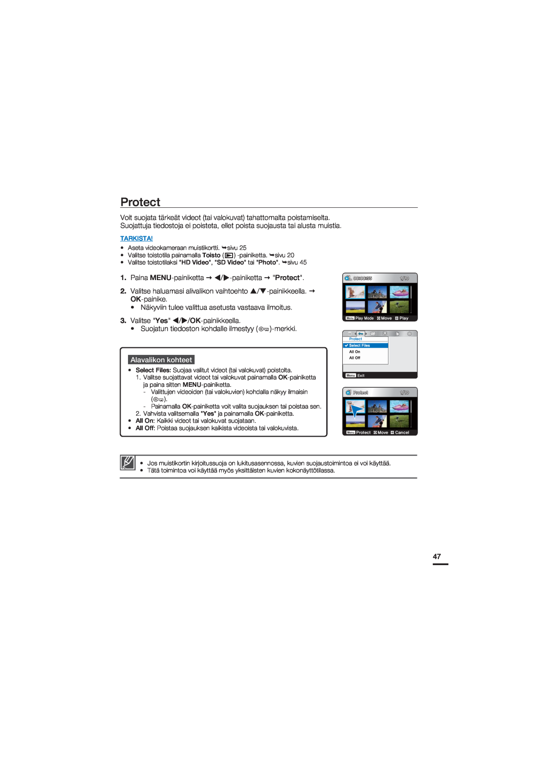 Samsung HMX-U20BP/EDC manual Protect, Alavalikon kohteet, Tarkista,  Menu 1MBZ.PEF .PWF 1MBZ 