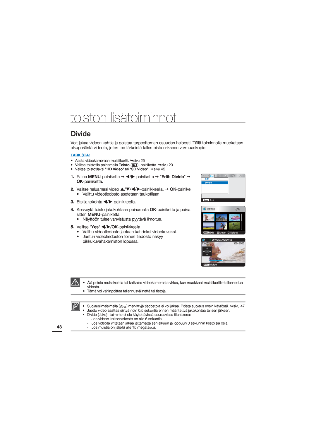 Samsung HMX-U20BP/EDC manual Divide, toiston lisätoiminnot 