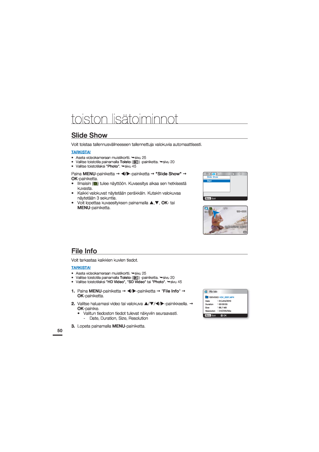 Samsung HMX-U20BP/EDC manual Slide Show, File Info, toiston lisätoiminnot 
