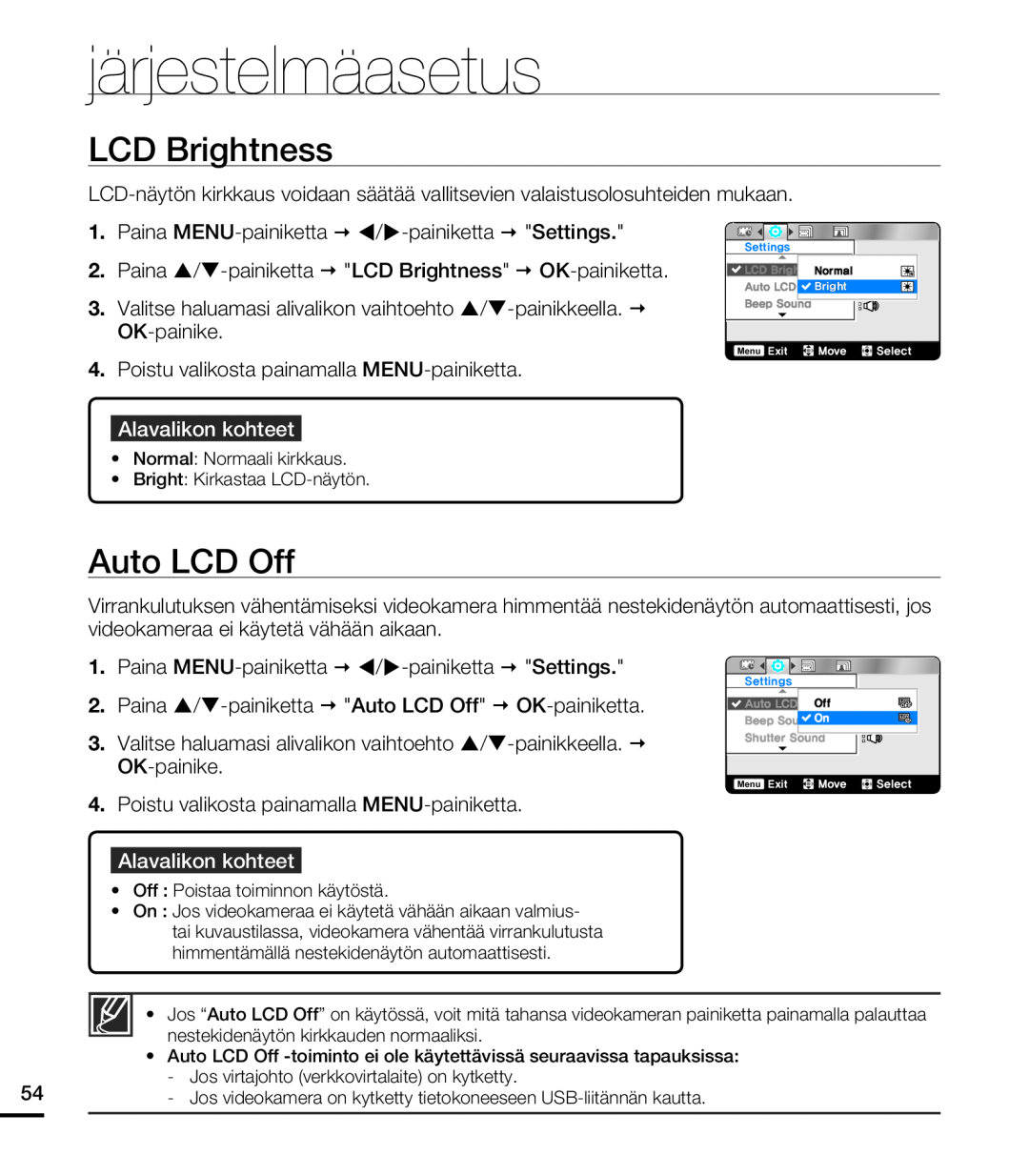 Samsung HMX-U20BP/EDC manual järjestelmäasetus, LCD Brightness, Auto LCD Off 