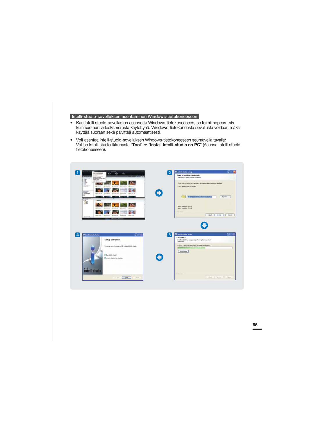 Samsung HMX-U20BP/EDC manual Intelli-studio-sovelluksen asentaminen Windows-tietokoneeseen 