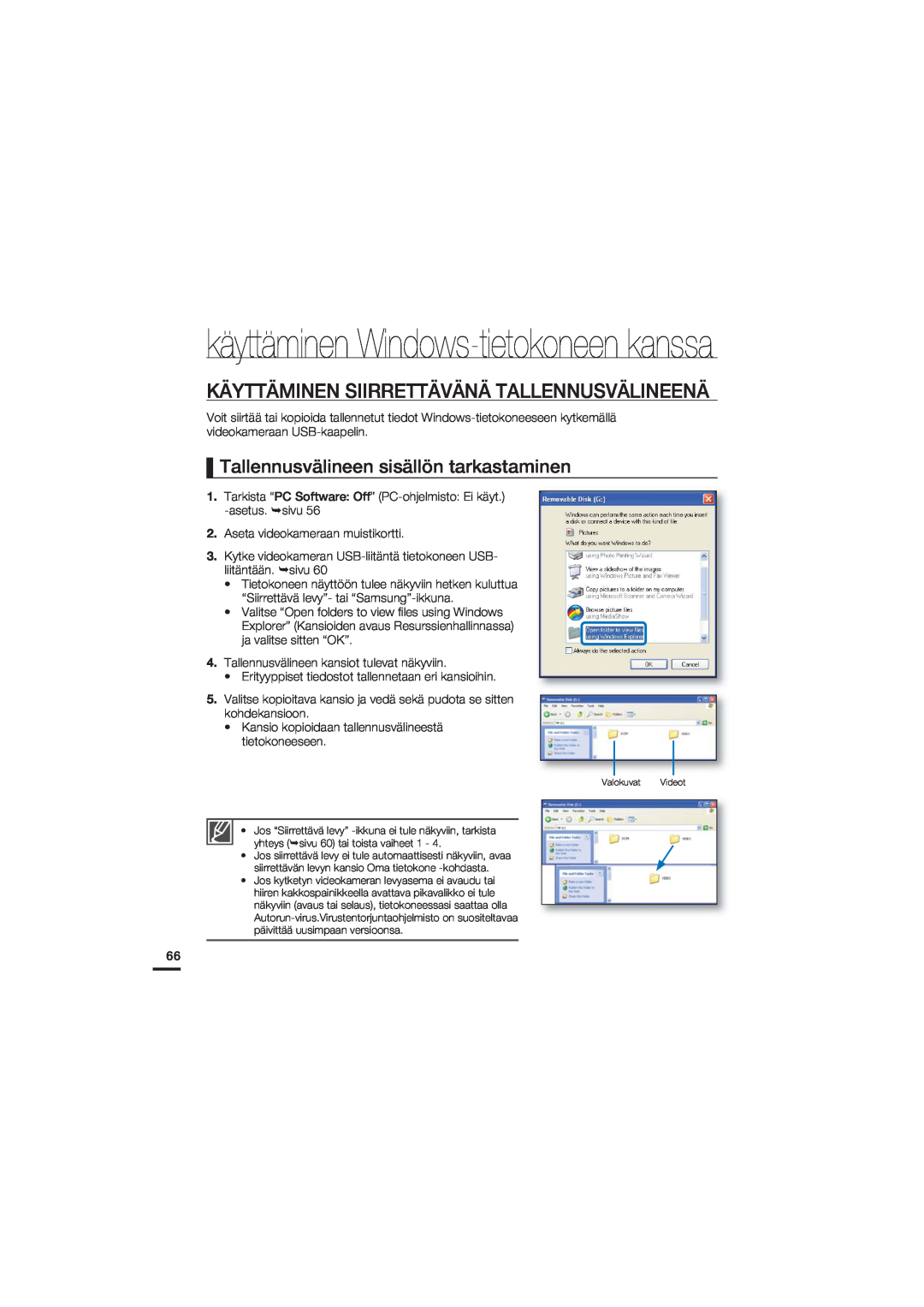 Samsung HMX-U20BP/EDC manual Käyttäminen Siirrettävänä Tallennusvälineenä, Tallennusvälineen sisällön tarkastaminen 