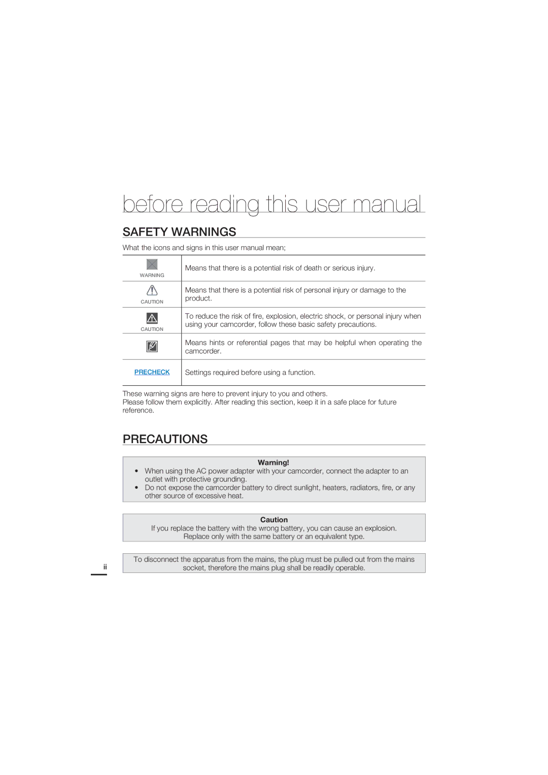 Samsung HMX-U20LP/EDC, HMX-U20RP/EDC, HMX-U20BP/EDC, HMX-U20SP/EDC, HMX-U20RP/XER manual Safety Warnings, Precautions, Product 