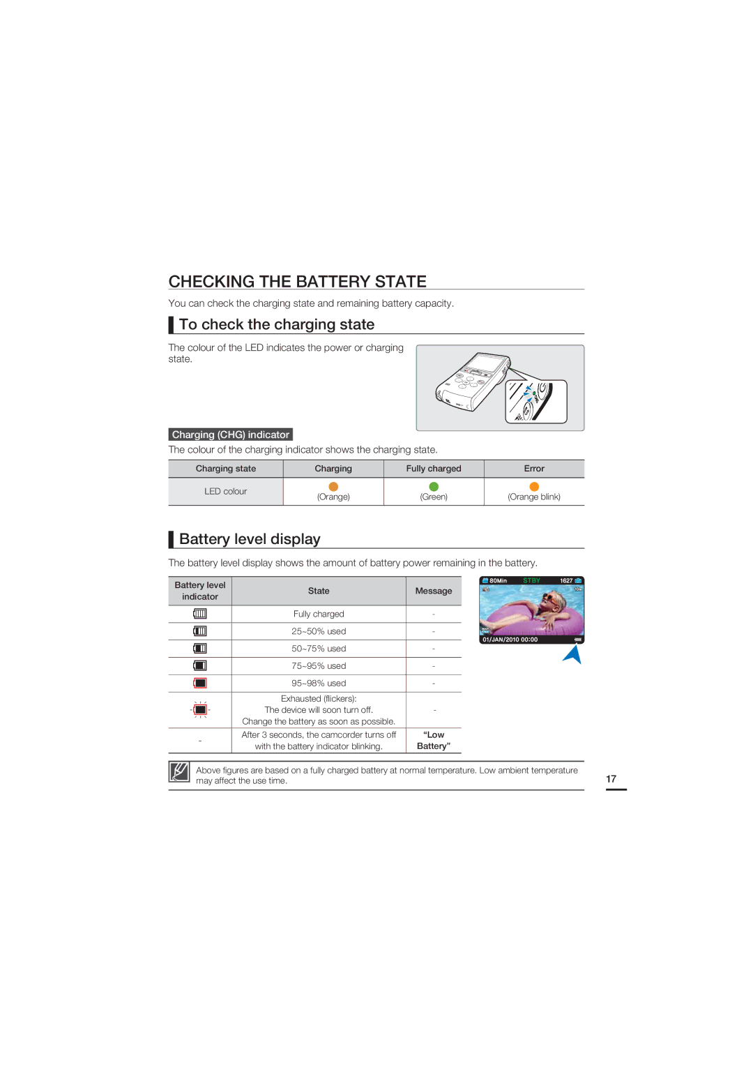 Samsung HMX-U20SP/MEA, HMX-U20RP/EDC manual Checking the Battery State, To check the charging state, Battery level display 