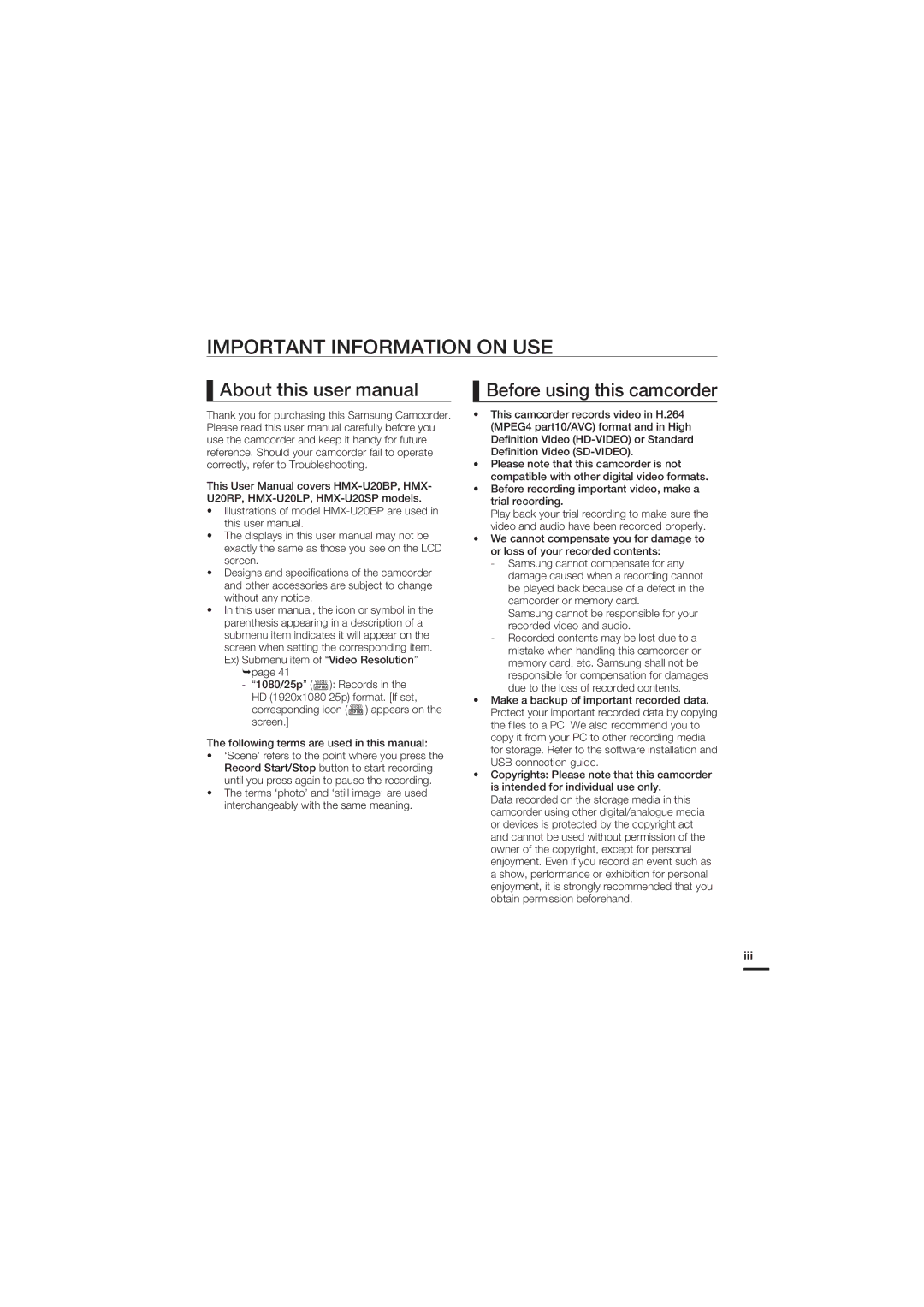 Samsung HMX-U20SP/EDC, HMX-U20RP/EDC, HMX-U20BP/EDC manual Important Information on USE, Before using this camcorder, Iii 