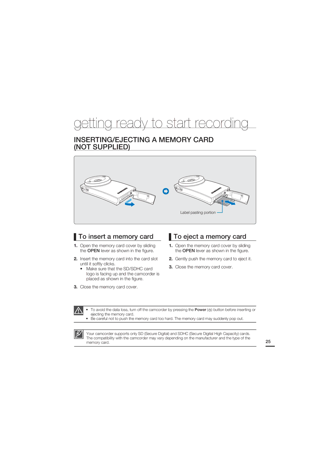 Samsung HMX-U20RP/XTL, HMX-U20RP/EDC manual Getting ready to start recording, INSERTING/EJECTING a Memory Card not Supplied 