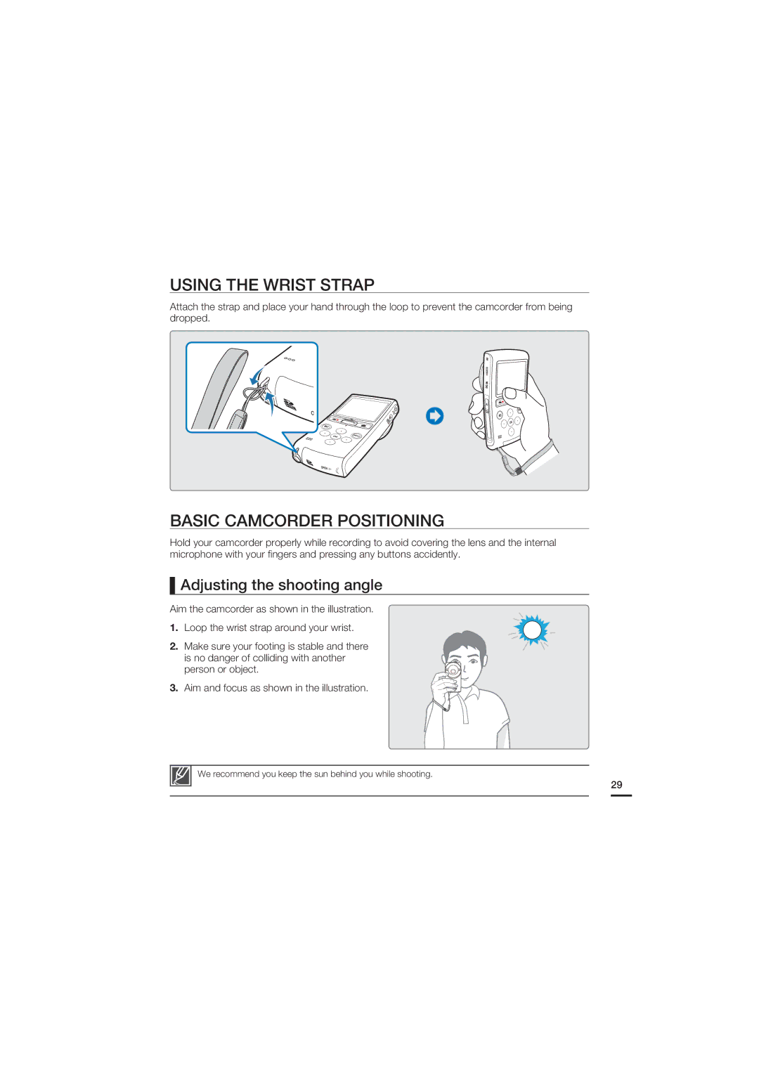 Samsung HMX-U20SP/MEA, HMX-U20RP/EDC manual Using the Wrist Strap, Basic Camcorder Positioning, Adjusting the shooting angle 