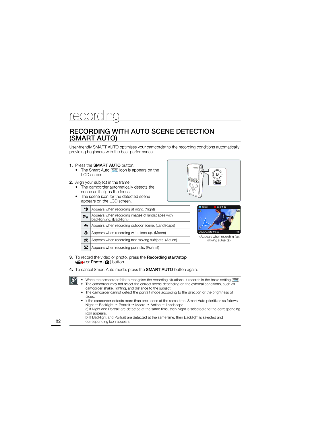 Samsung HMX-U20LP/EDC, HMX-U20RP/EDC, HMX-U20BP/EDC, HMX-U20SP/EDC manual Recording with Auto Scene Detection Smart Auto 