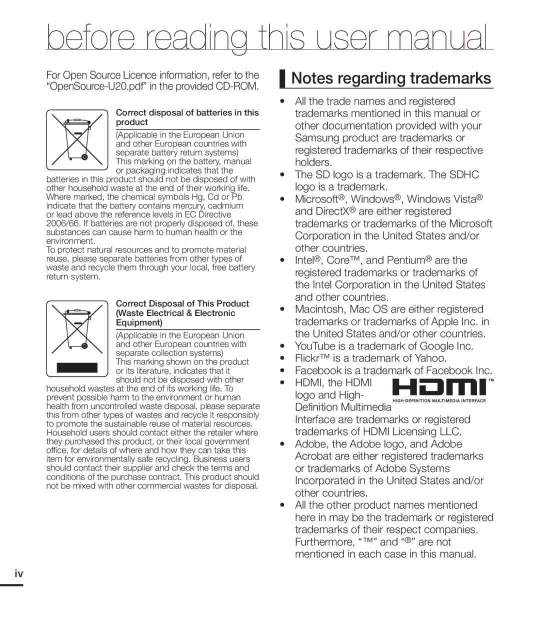 Samsung HMX-U20RP/XER, HMX-U20RP/EDC, HMX-U20BP/EDC, HMX-U20LP/EDC manual Correct disposal of batteries in this product 