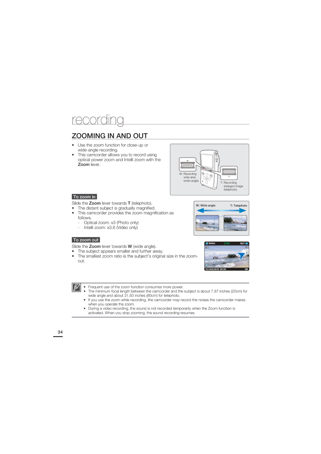 Samsung HMX-U20RP/XER, HMX-U20RP/EDC, HMX-U20BP/EDC, HMX-U20LP/EDC, HMX-U20SP/EDC manual Zooming in and OUT, To zoom out 