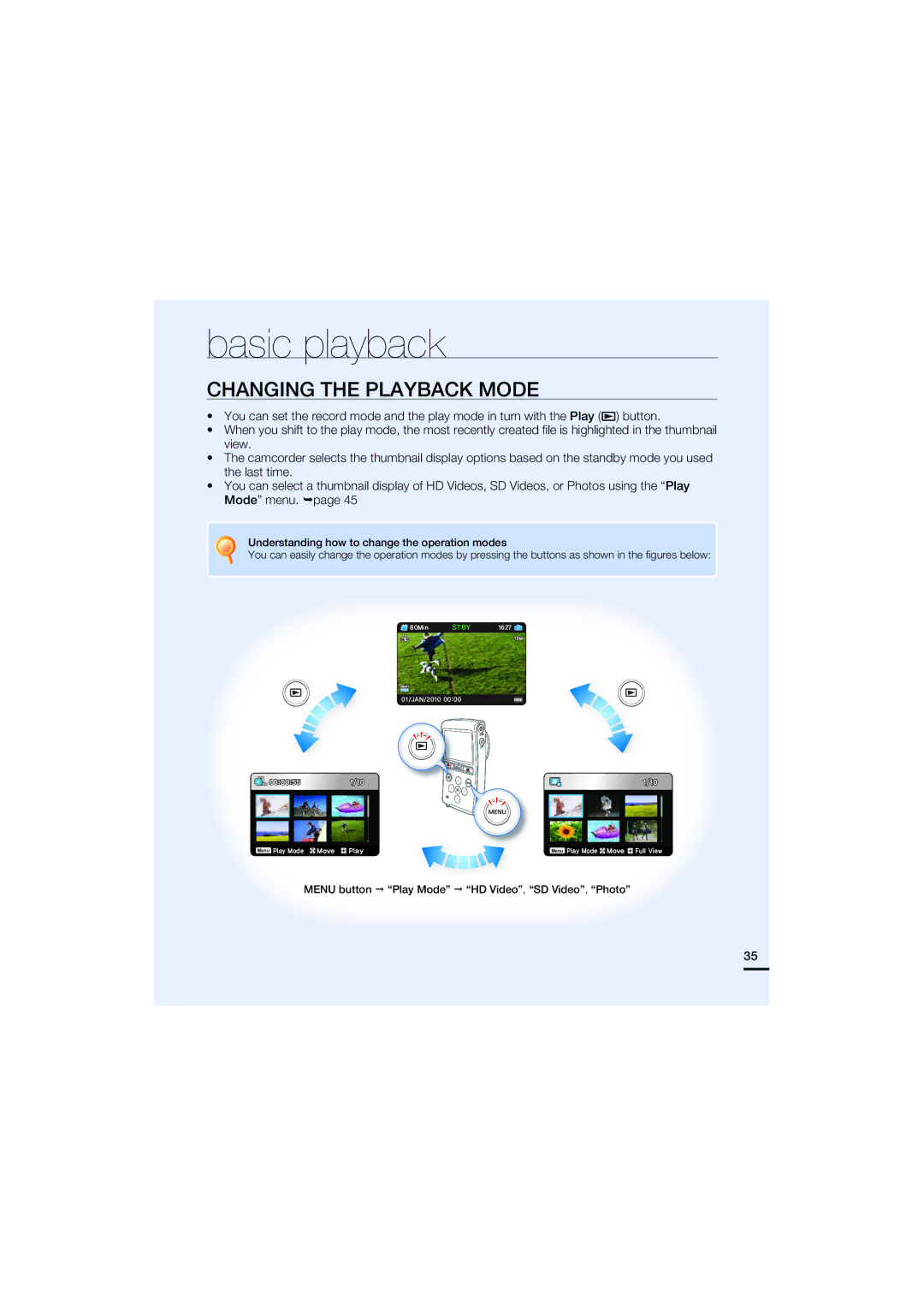 Samsung HMX-U20BP/XER, HMX-U20RP/EDC, HMX-U20BP/EDC, HMX-U20LP/EDC, HMX-U20SP/EDC Basic playback, Changing the Playback Mode 