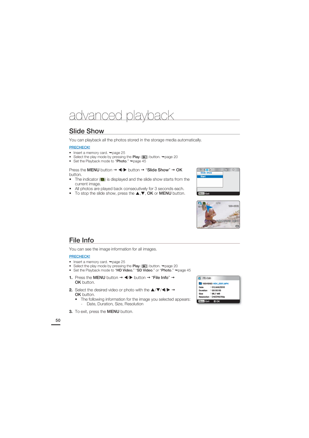 Samsung HMX-U20BP/MEA, HMX-U20RP/EDC, HMX-U20BP/EDC Slide Show, File Info, You can see the image information for all images 