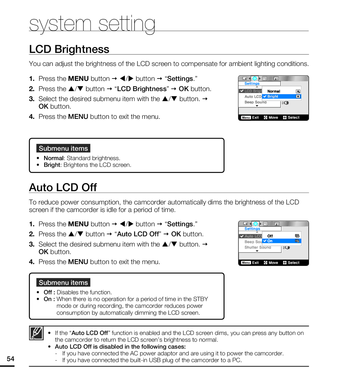 Samsung HMX-U20RP/EDC, HMX-U20BP/EDC, HMX-U20LP/EDC, HMX-U20SP/EDC, HMX-U20RP/XER, HMX-U20BP/XER, HMX-U20SP/XER System setting 