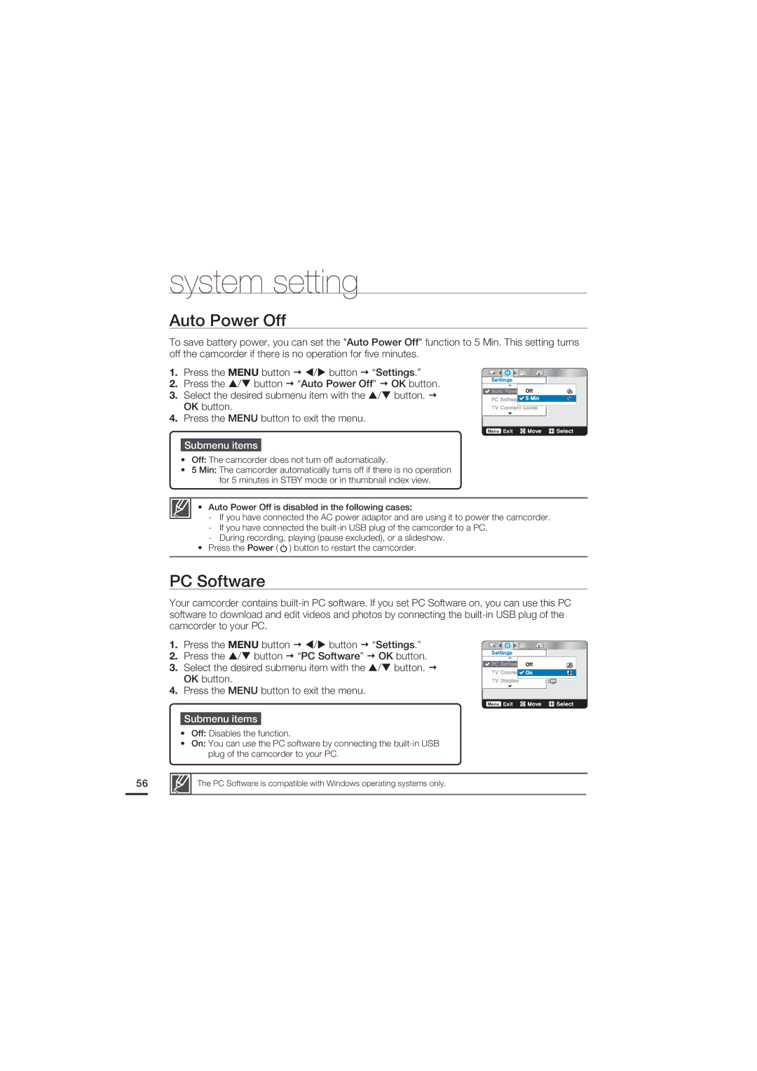 Samsung HMX-U20LP/EDC, HMX-U20RP/EDC, HMX-U20BP/EDC, HMX-U20SP/EDC, HMX-U20RP/XER, HMX-U20BP/XER Auto Power Off, PC Software 