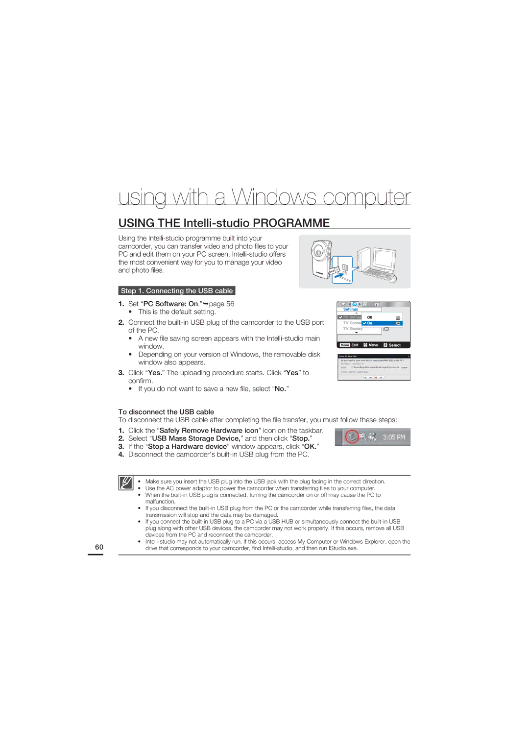 Samsung HMX-U20SP/XER, HMX-U20RP/EDC, HMX-U20BP/EDC manual Using the Intelli-studio Programme, Connecting the USB cable 