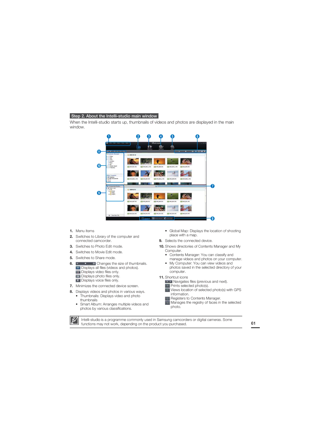 Samsung HMX-U20RP/XTL, HMX-U20RP/EDC, HMX-U20BP/EDC, HMX-U20LP/EDC, HMX-U20SP/EDC manual About the Intelli-studio main window 