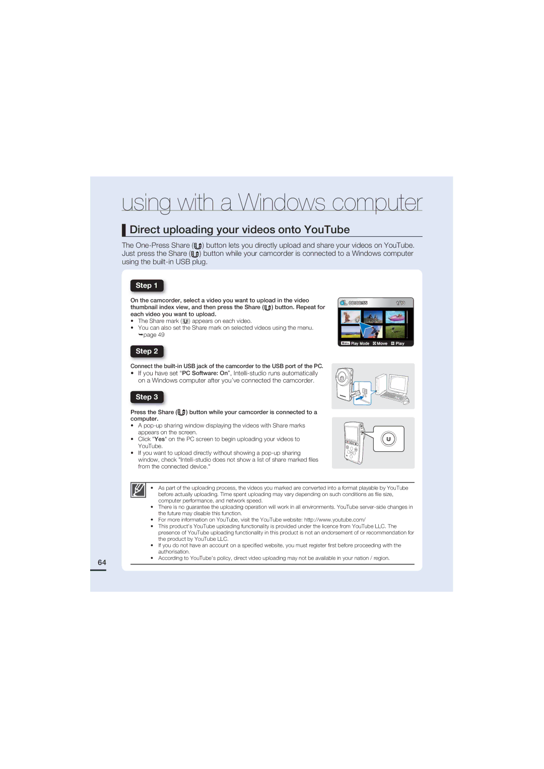 Samsung HMX-U20RP/XIL, HMX-U20RP/EDC, HMX-U20BP/EDC, HMX-U20LP/EDC manual Direct uploading your videos onto YouTube, Step 