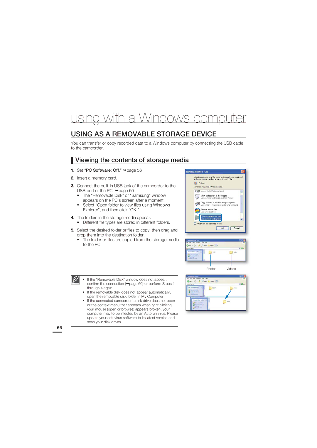 Samsung HMX-U20RP/EDC, HMX-U20BP/EDC manual Using AS a Removable Storage Device, Viewing the contents of storage media 