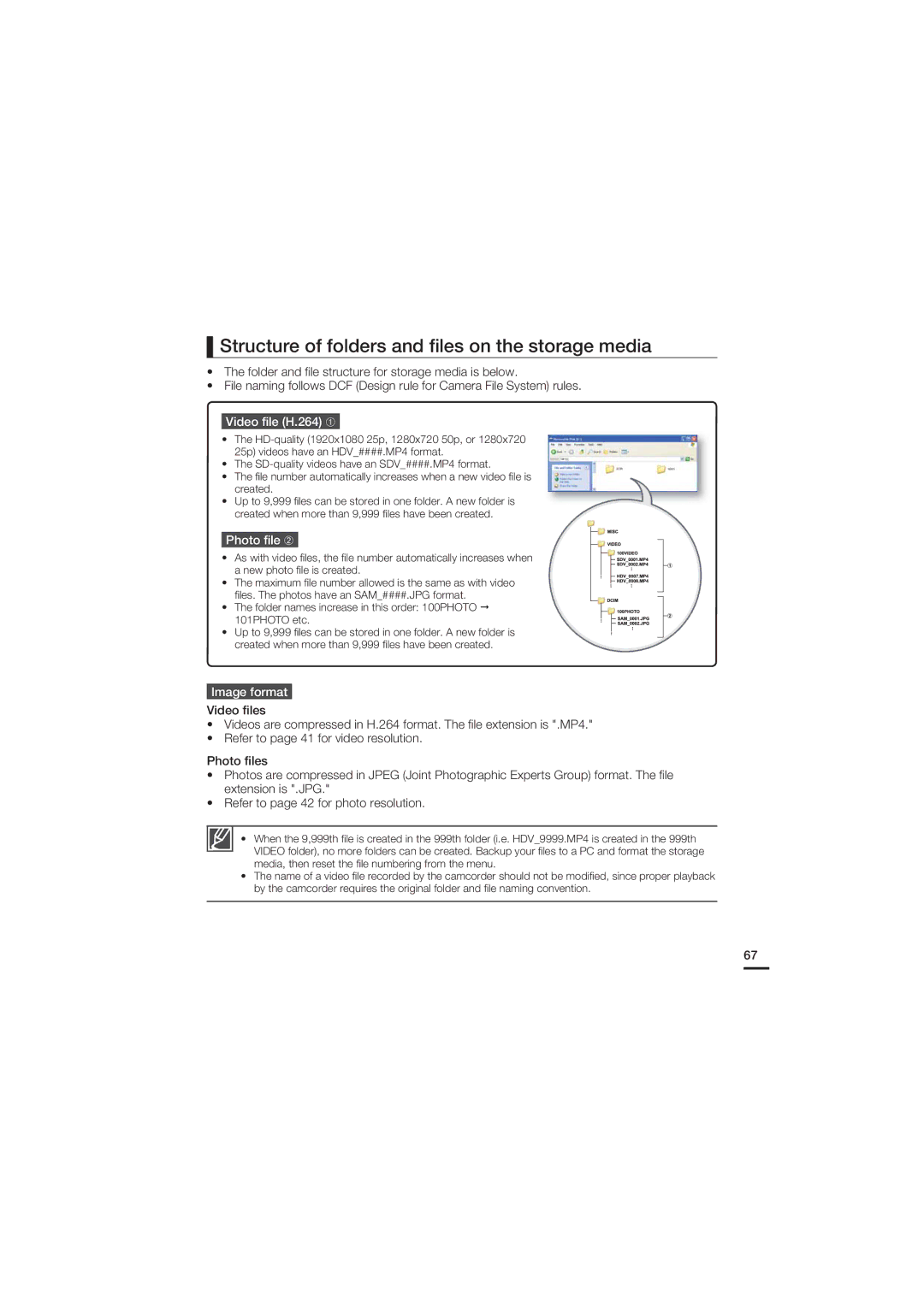 Samsung HMX-U20BP/EDC Structure of folders and ﬁles on the storage media, Video ﬁle H.264 ➀, Photo ﬁle ➁, Image format 