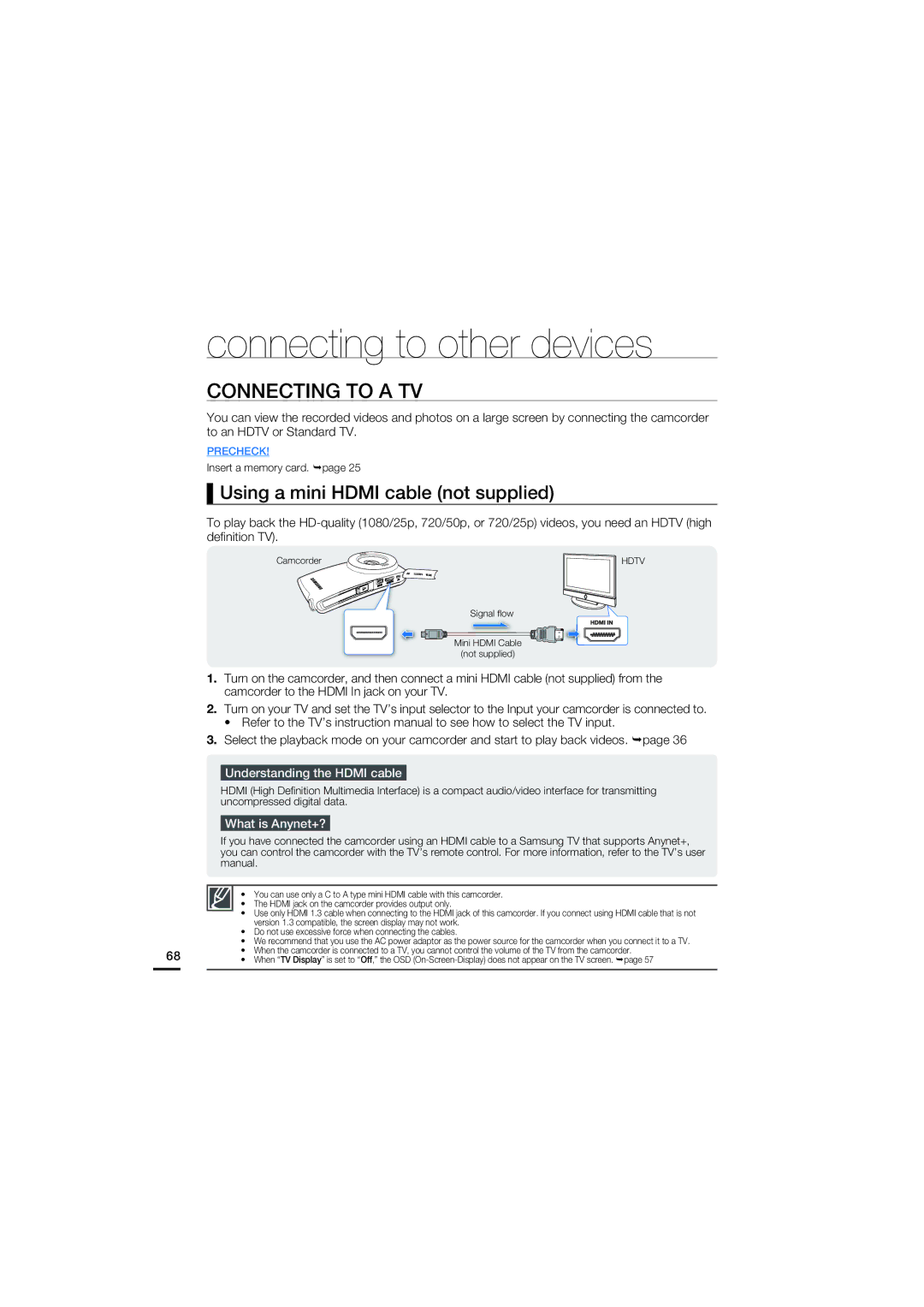 Samsung HMX-U20LP/EDC, HMX-U20RP/EDC Connecting to other devices, Connecting to a TV, Using a mini Hdmi cable not supplied 