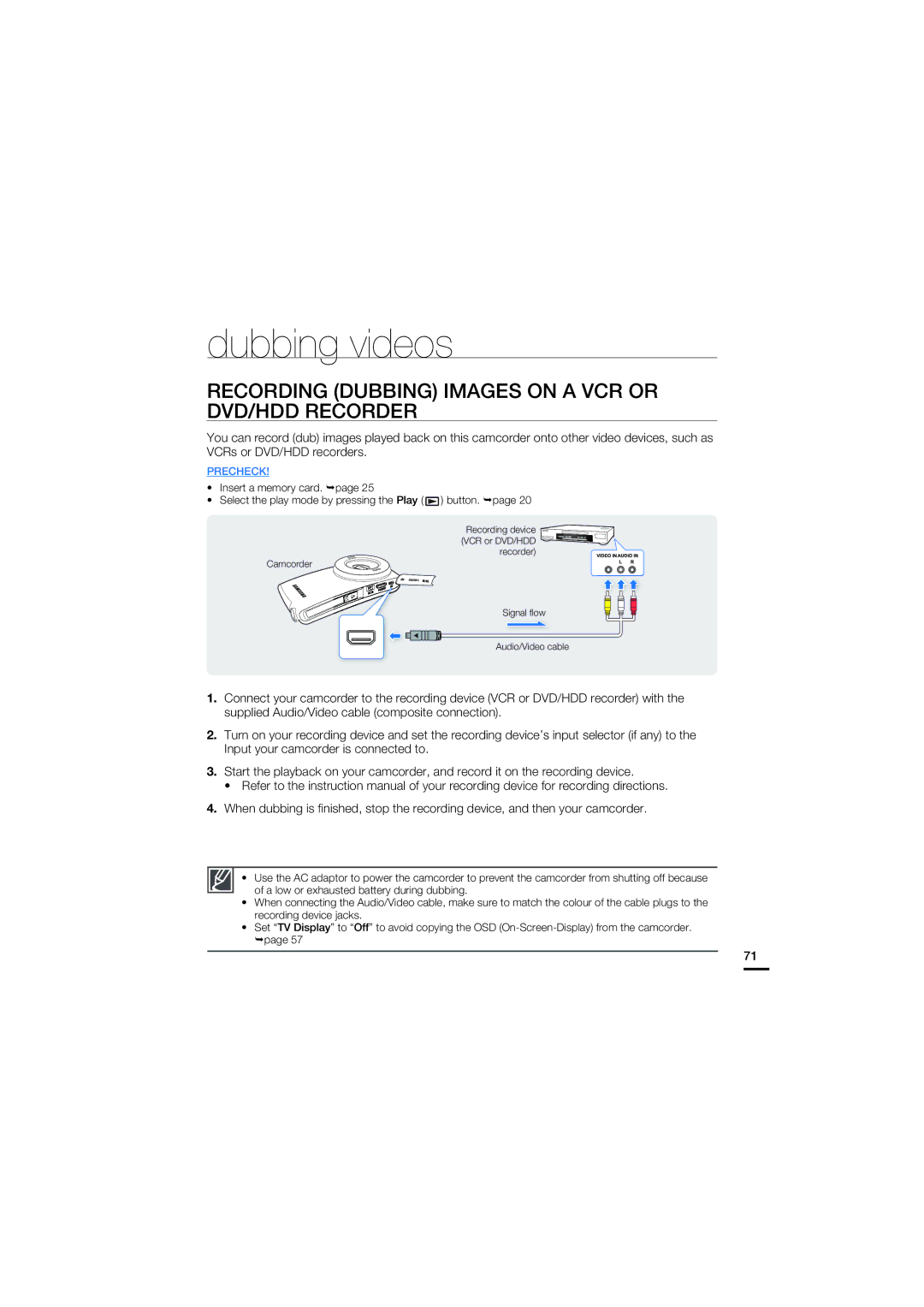 Samsung HMX-U20BP/XER, HMX-U20RP/EDC, HMX-U20BP/EDC Dubbing videos, Recording Dubbing Images on a VCR or DVD/HDD Recorder 