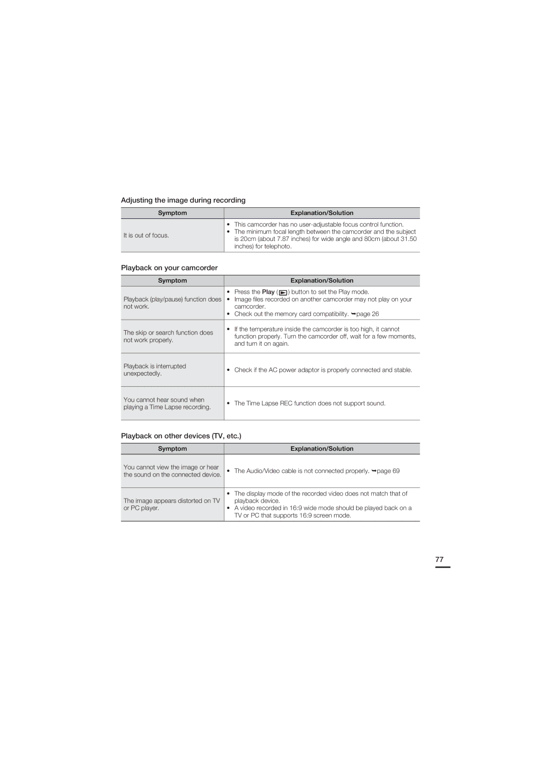 Samsung HMX-U20SP/MEA Adjusting the image during recording, Playback on your camcorder, Playback on other devices TV, etc 