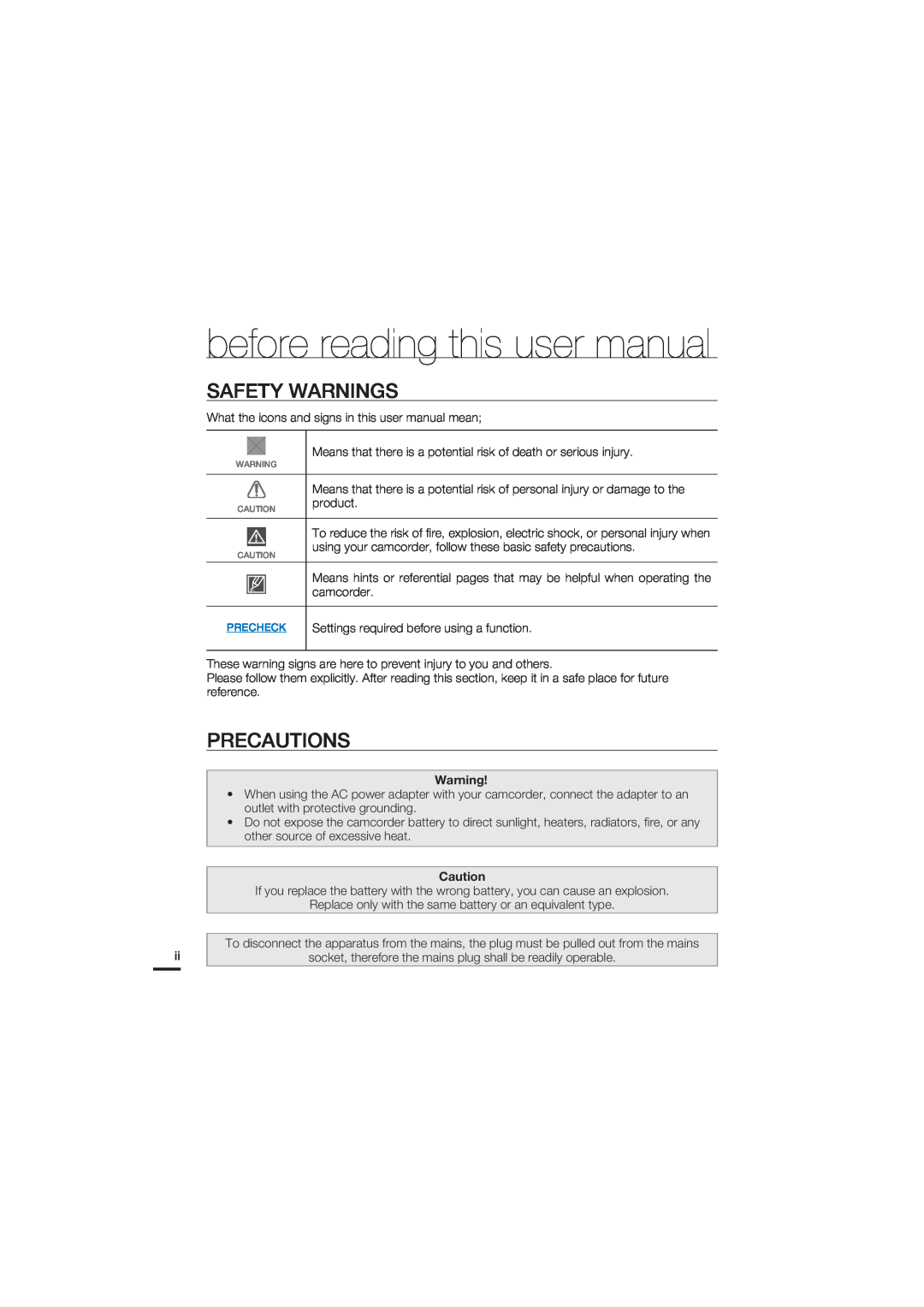 Samsung HMX-U20LP/EDC, HMX-U20RP/EDC, HMX-U20BP/EDC before reading this user manual, Safety Warnings, Precautions 
