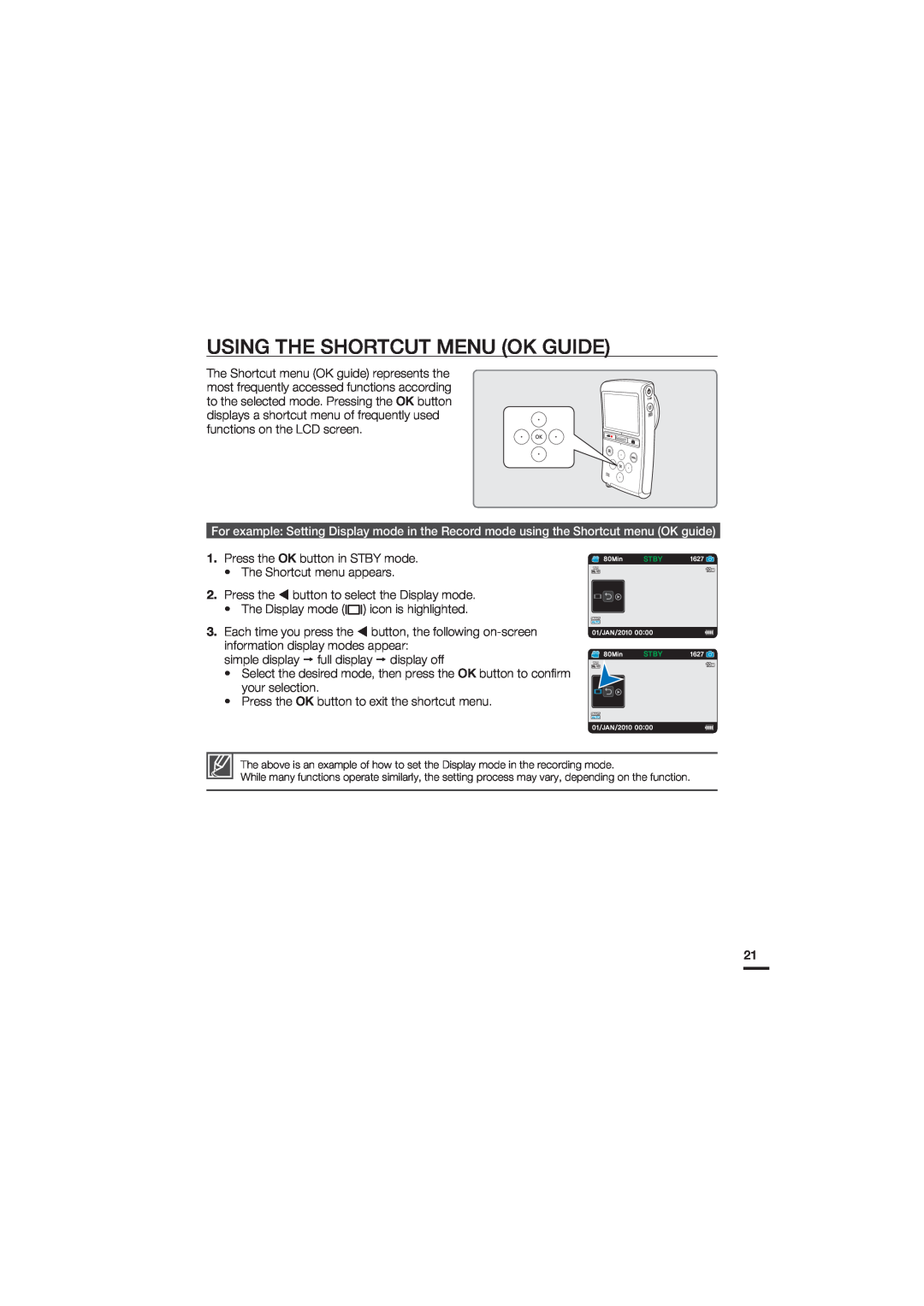 Samsung HMX-U20SP/EDC, HMX-U20RP/EDC, HMX-U20BP/EDC, HMX-U20LP/EDC, HMX-U20RP/XER manual Using The Shortcut Menu Ok Guide 