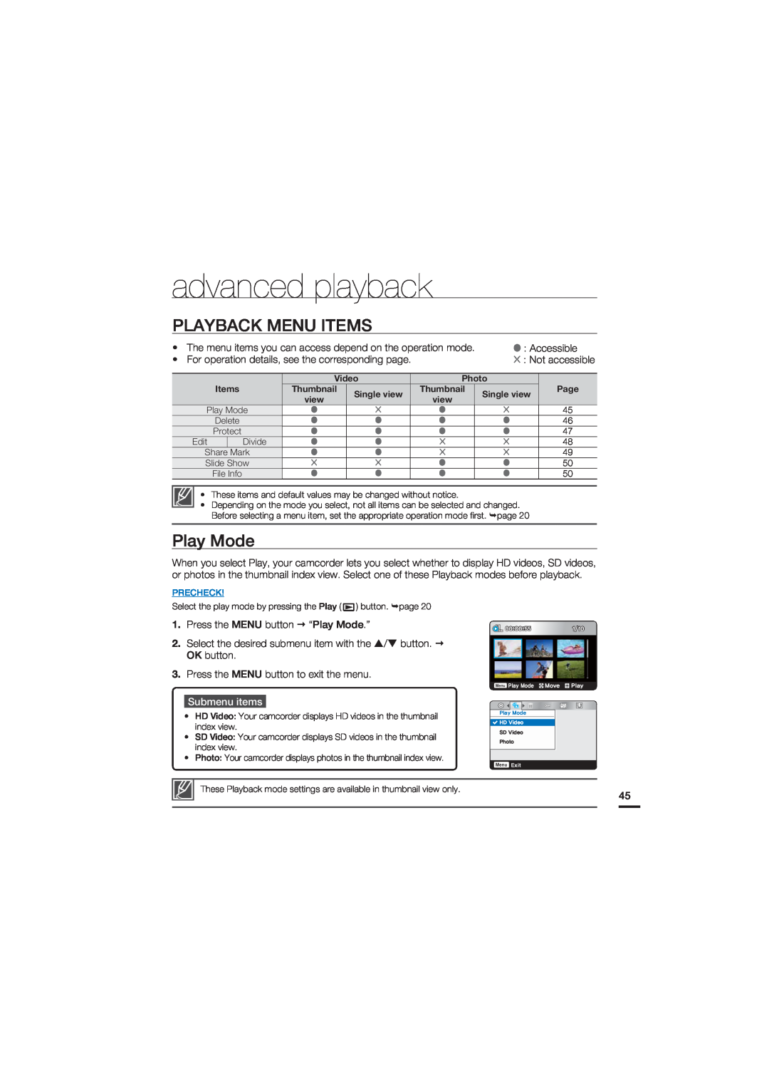 Samsung HMX-U20SP/EDC advanced playback, Playback Menu Items, Play Mode, Submenu items, Video, Photo, Page, view, Precheck 