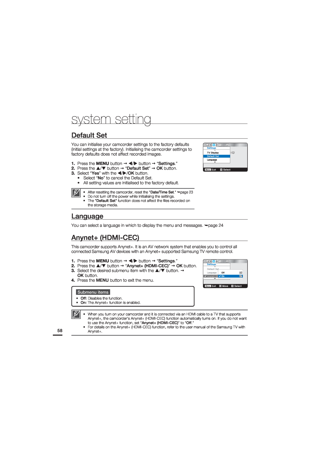 Samsung HMX-U20RP/XER, HMX-U20RP/EDC, HMX-U20BP/EDC Default Set, Language, Anynet+ HDMI-CEC, system setting, Submenu items 