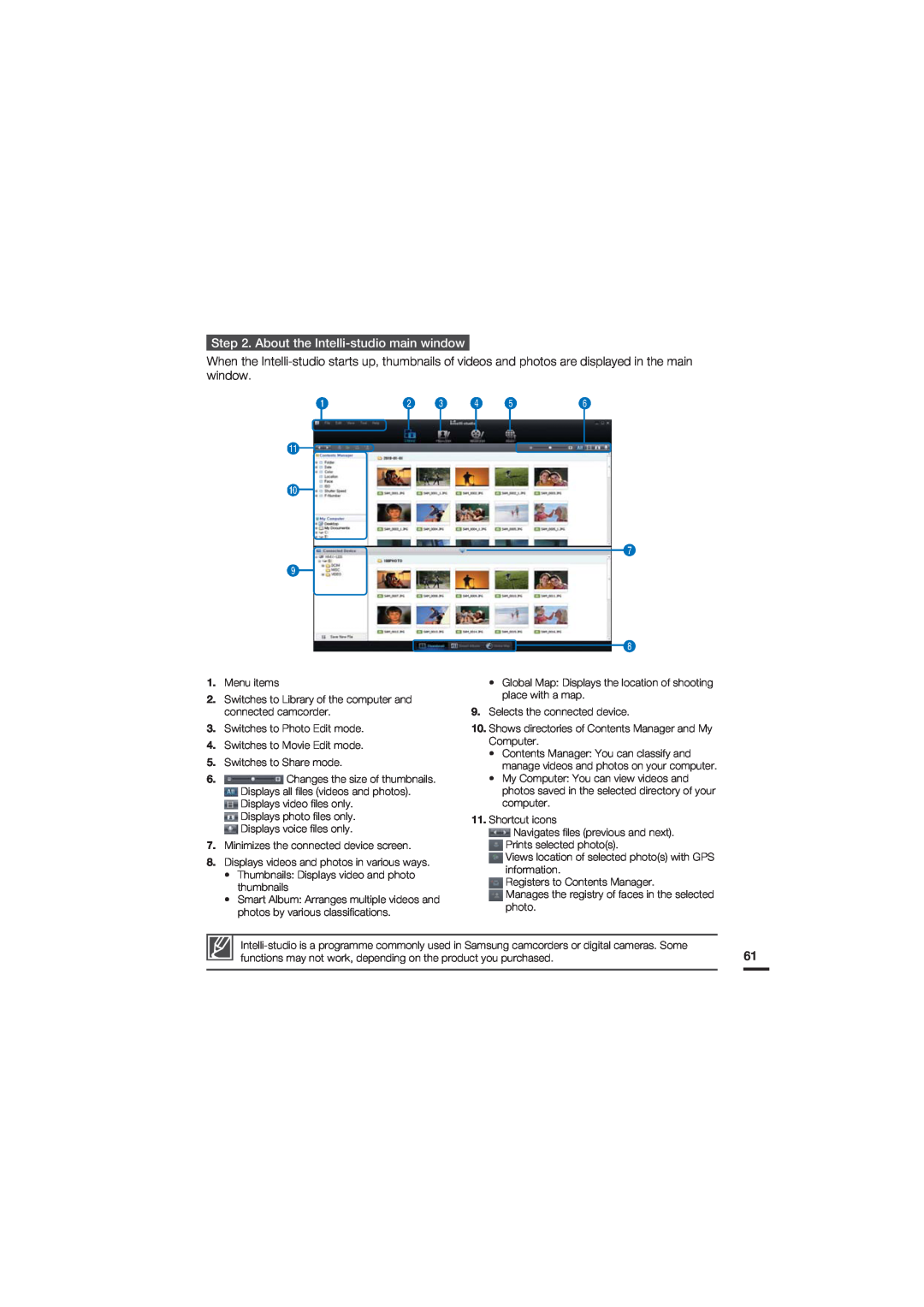 Samsung HMX-U20RP/XTL, HMX-U20RP/EDC, HMX-U20BP/EDC, HMX-U20LP/EDC, HMX-U20SP/EDC manual About the Intelli-studio main window 