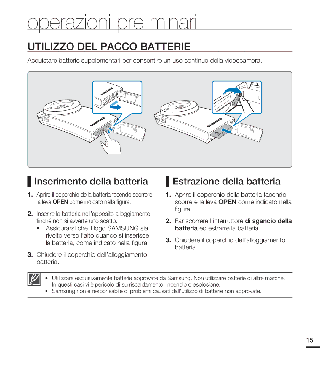 Samsung HMX-U20BP/EDC, HMX-U20RP/EDC, HMX-U20LP/EDC, HMX-U20SP/EDC manual Operazioni preliminari, Utilizzo DEL Pacco Batterie 