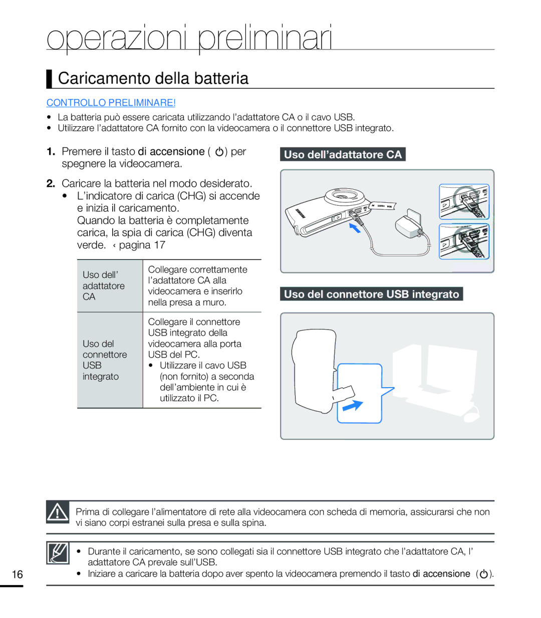 Samsung HMX-U20LP/EDC, HMX-U20RP/EDC, HMX-U20BP/EDC, HMX-U20SP/EDC manual Caricamento della batteria, Usb 