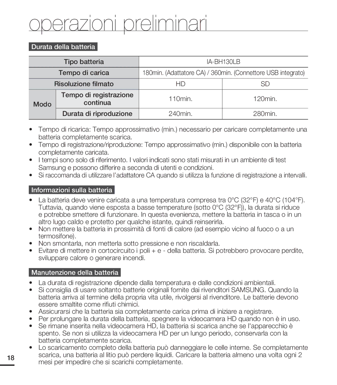 Samsung HMX-U20RP/EDC, HMX-U20BP/EDC Durata della batteria, Tipo batteria, Tempo di carica, Informazioni sulla batteria 