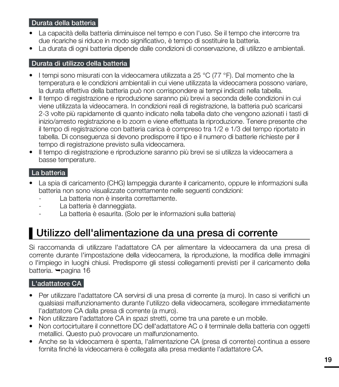 Samsung HMX-U20BP/EDC Utilizzo dellalimentazione da una presa di corrente, Durata di utilizzo della batteria, La batteria 