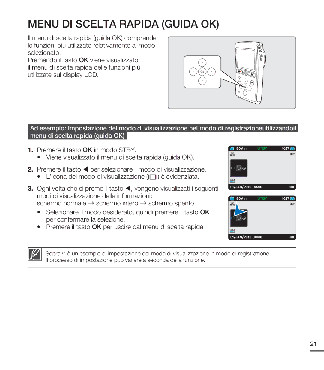 Samsung HMX-U20SP/EDC, HMX-U20RP/EDC, HMX-U20BP/EDC, HMX-U20LP/EDC manual Menu DI Scelta Rapida Guida OK 