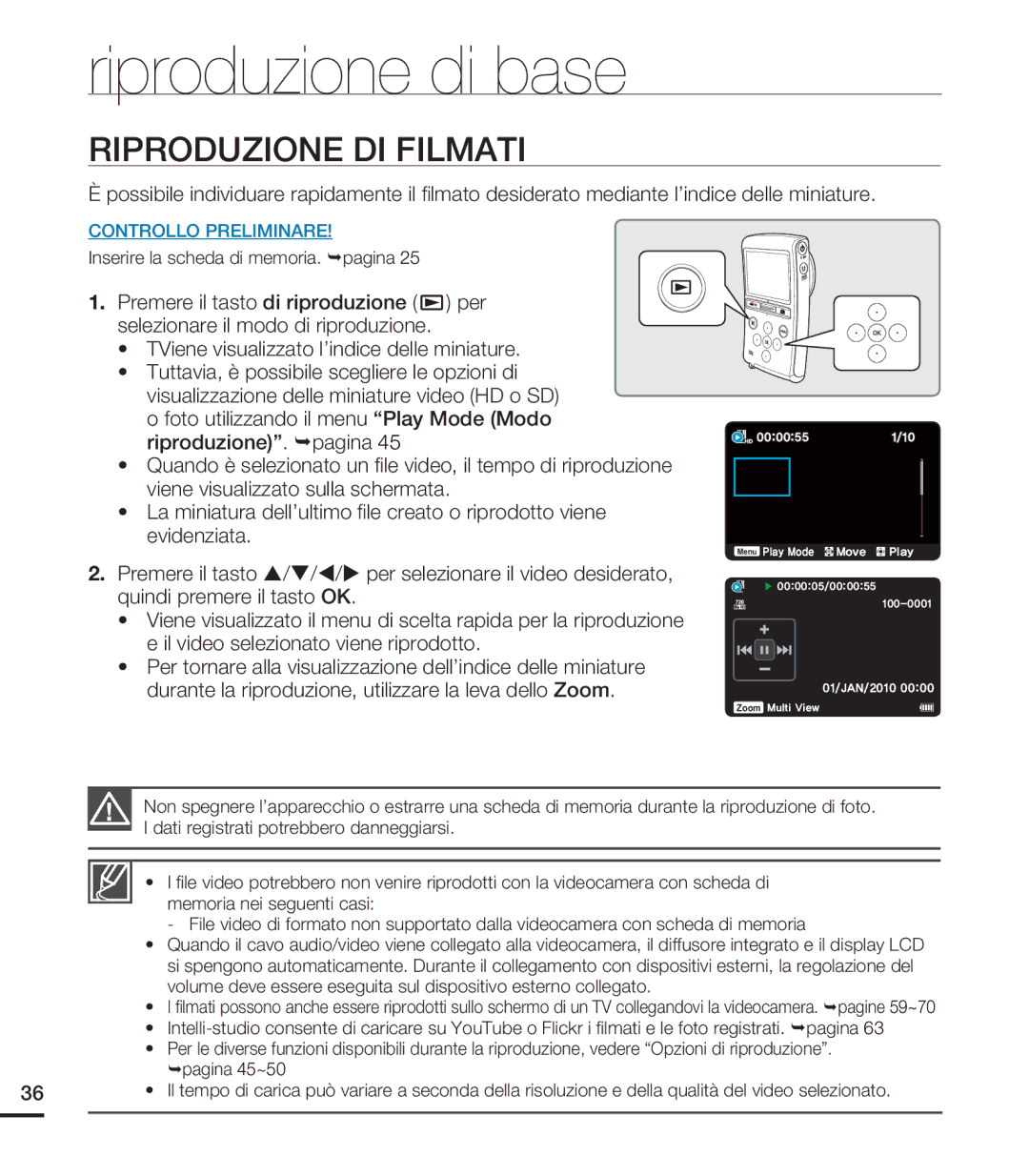 Samsung HMX-U20LP/EDC, HMX-U20RP/EDC, HMX-U20BP/EDC, HMX-U20SP/EDC manual Riproduzione DI Filmati, Riproduzione. ¬pagina 